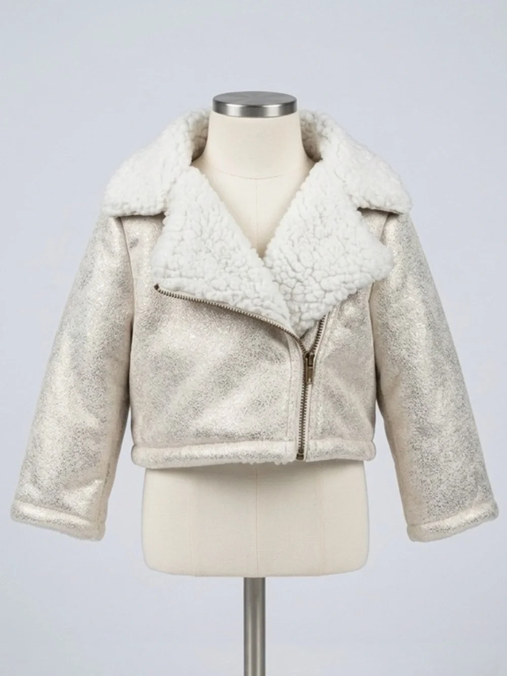 OshKosh BGosh Metallic Silver Faux Shearling Moto Biker Jacket Shimmer Coat‎ 12M